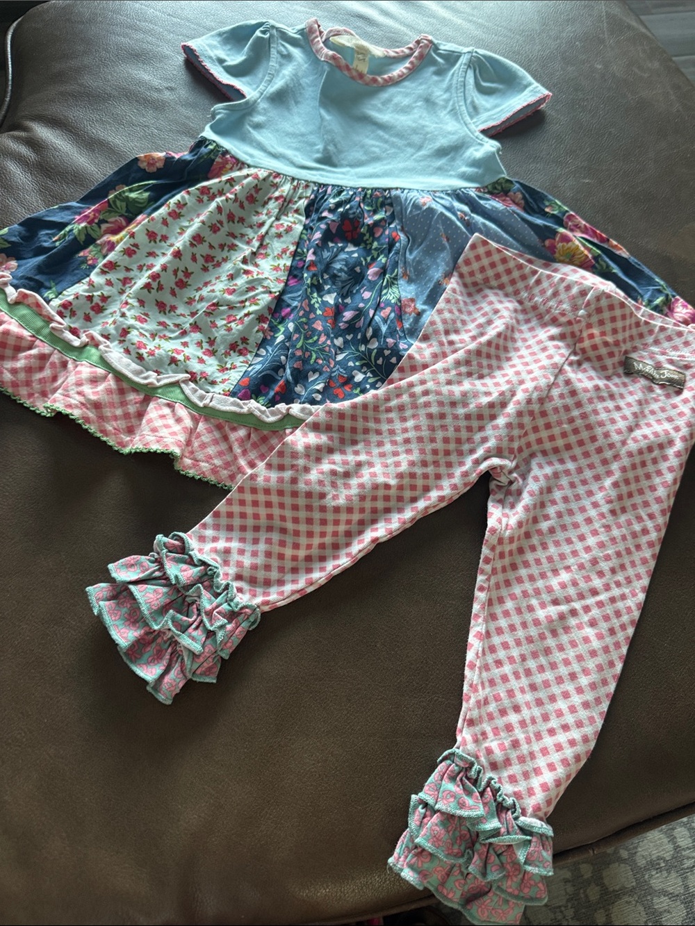 Matilda Jane Pastel Patchwork Floral Dress and Pink Gingham Ruffle Leggings